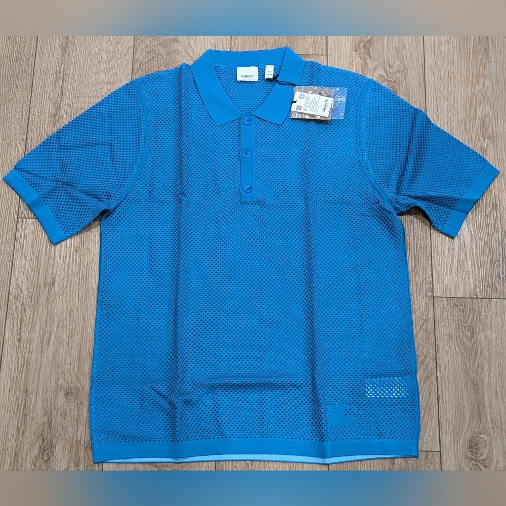 $1090 Mens BURBERRY Mesh Polo Shirt Bright Cerulean Blue Medium
